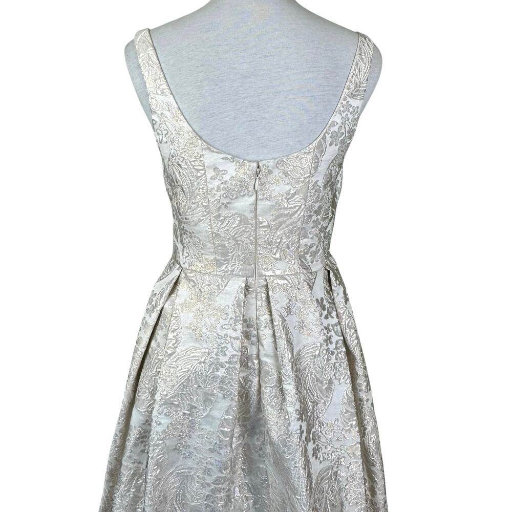 Betsy & Adam Silver Metallic Floral Jacquard Embellished High Low Wedding Gown - Picture 6 of 14